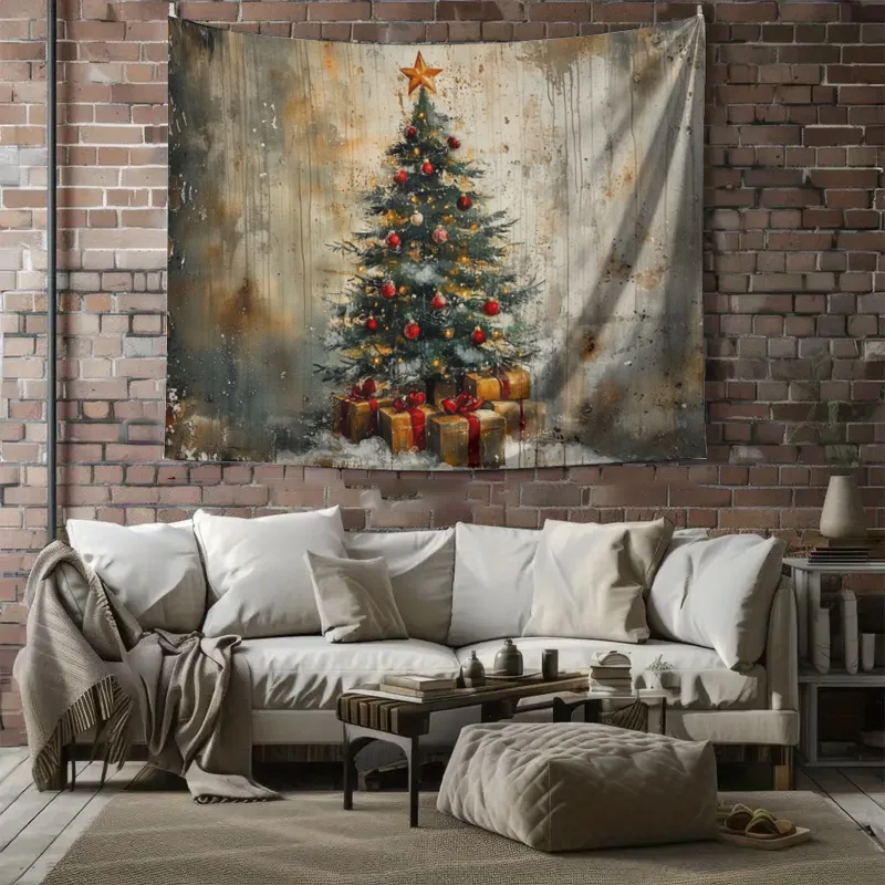 Rustic Christmas Tree Wall Tapestry Holiday Decor Grunge Festive Background Artwork Canvas Wall Hanging for Seasonal Home Improv