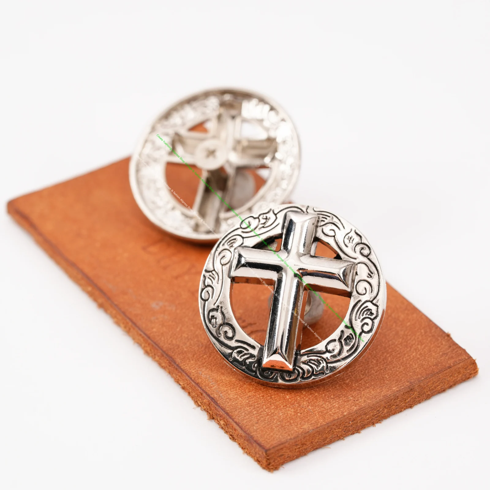 10PC 35MM Western Nickle Silver Cross Engraved Edge Saddles Decor Conchos Screwback
