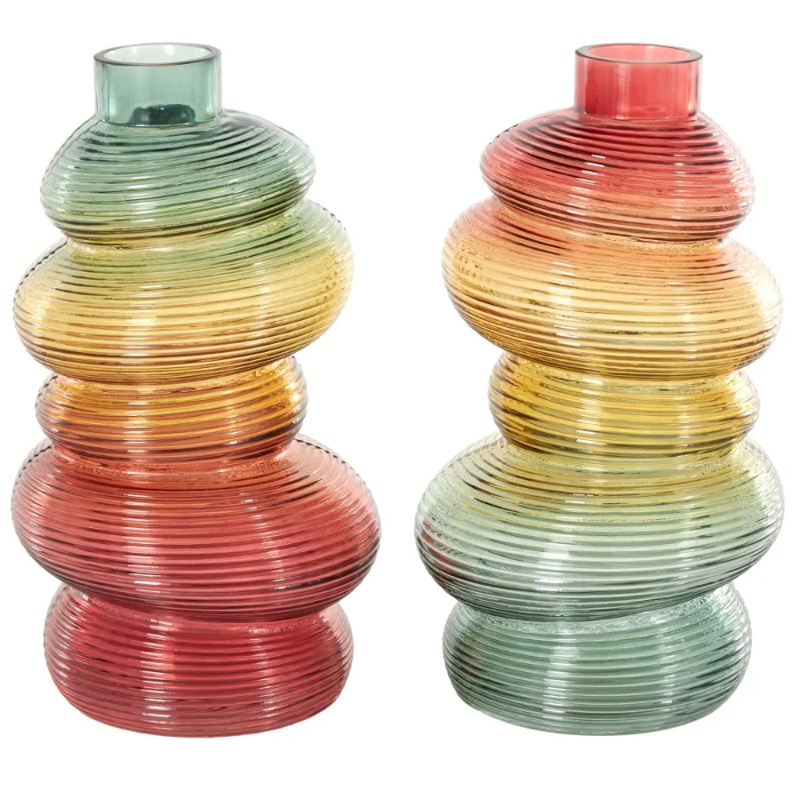 

7"W 12"H Ribbed Stacked Stones Multi Colored Glass Vase with Color Blocks Set of 2