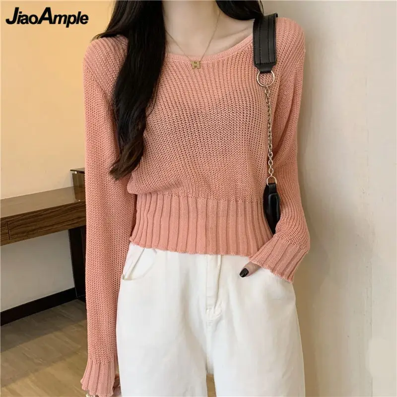 2024 Spring Autumn New Thin Pink Short Sweater Women Korean Chic Solid Crop Tops Knit Pullovers Hollow Out Bottom Knitwear