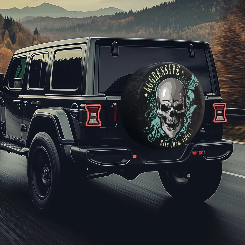Aggressive Skull Design Tire Cover For JEEP, RV, Truck - 28/30/32/34 Inch, Stretch Fit, Easy Installation, Durable Polyester, Bl