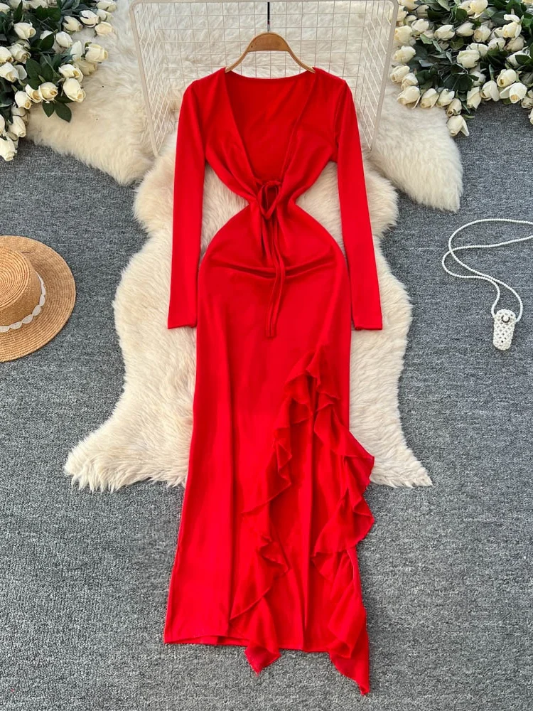 

Элегантное женское платье с длинным рукавом, V-образным вырезом и поясом, с кружевной отделкой, завышенной талией, модное повседневное рабочее платье