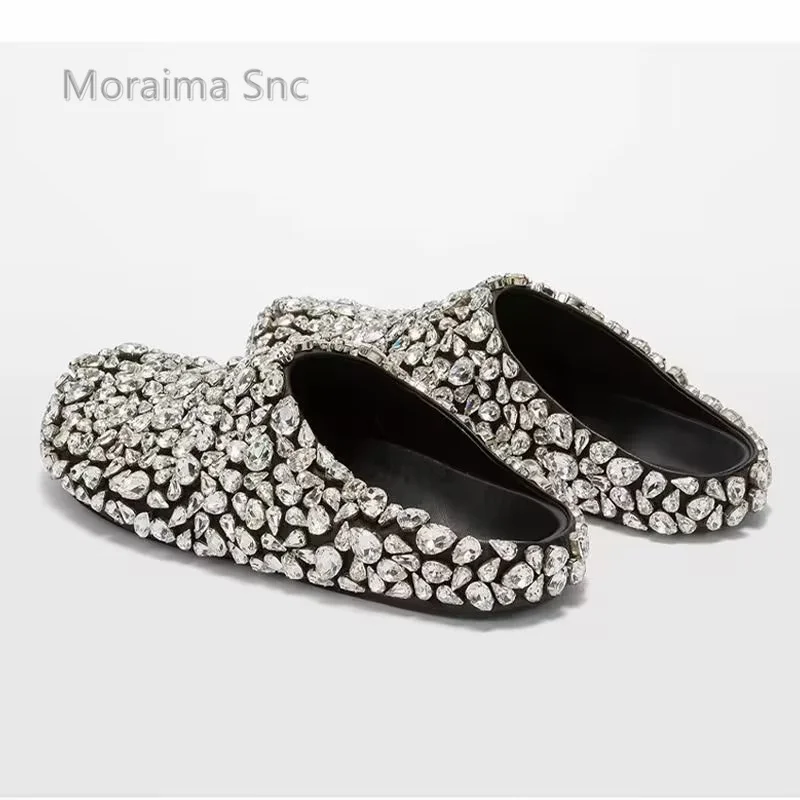 Full Crystal Rhinestone Half Slippers for Women Summer Round Toe Flat Shoes Catwalk Show Wedding Genuine Leather Women Shoes