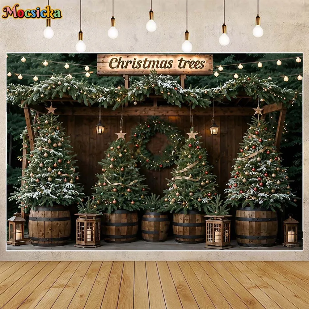 

Mocsicka Christmas Tree Backdrop for Photography Wooden Door Xmas Wreath Winter Snowflake Children Photo Background Studio Props