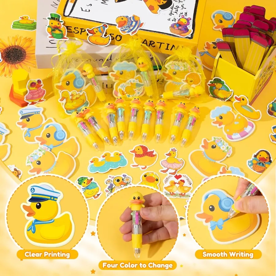 Conjunto de presente de papelaria de pato de borracha amarelo para: 12 pacotes de material escolar com tema animal fofo, incluindo canetas esferográficas de pato 4 em 1 St