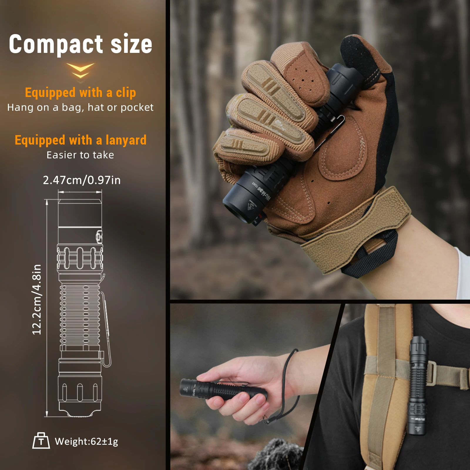 Wurkkos TD02 Compact IPX8 Waterproof Tactical Flashlight 2000LM Rechargable Torch with 6 Modes High-quality LED & Local Delivery