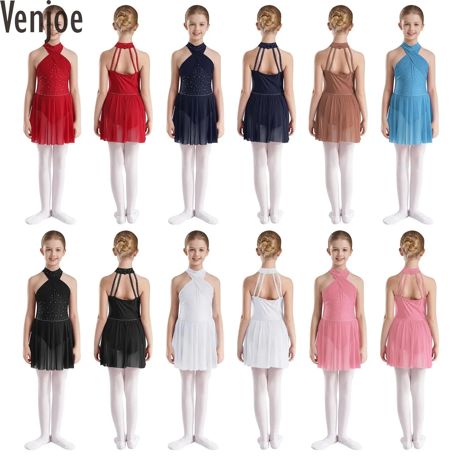 

Kids Girls Shiny Rhinestones Ballet Dance Leotard Dresses Cross Mesh Patchwork Mock Neck Sleeveless Figure Skating Dancewear