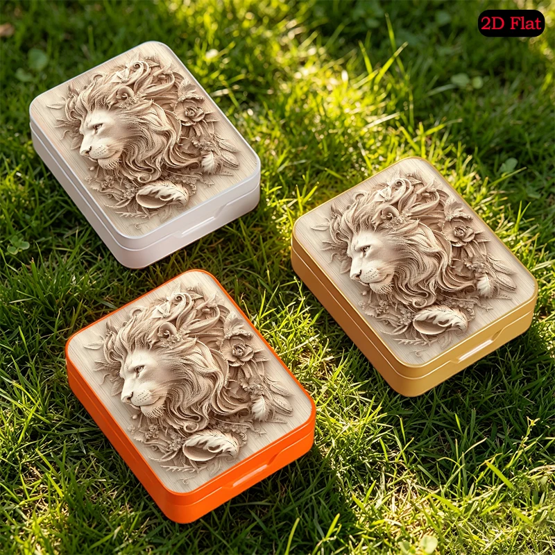 Wooden Lion Sculpture Theme Small Pocket Flip Top Metal Tin Box, UV Printed Custom Tinplate Box, Portable Anti-rust Mini Tin Box