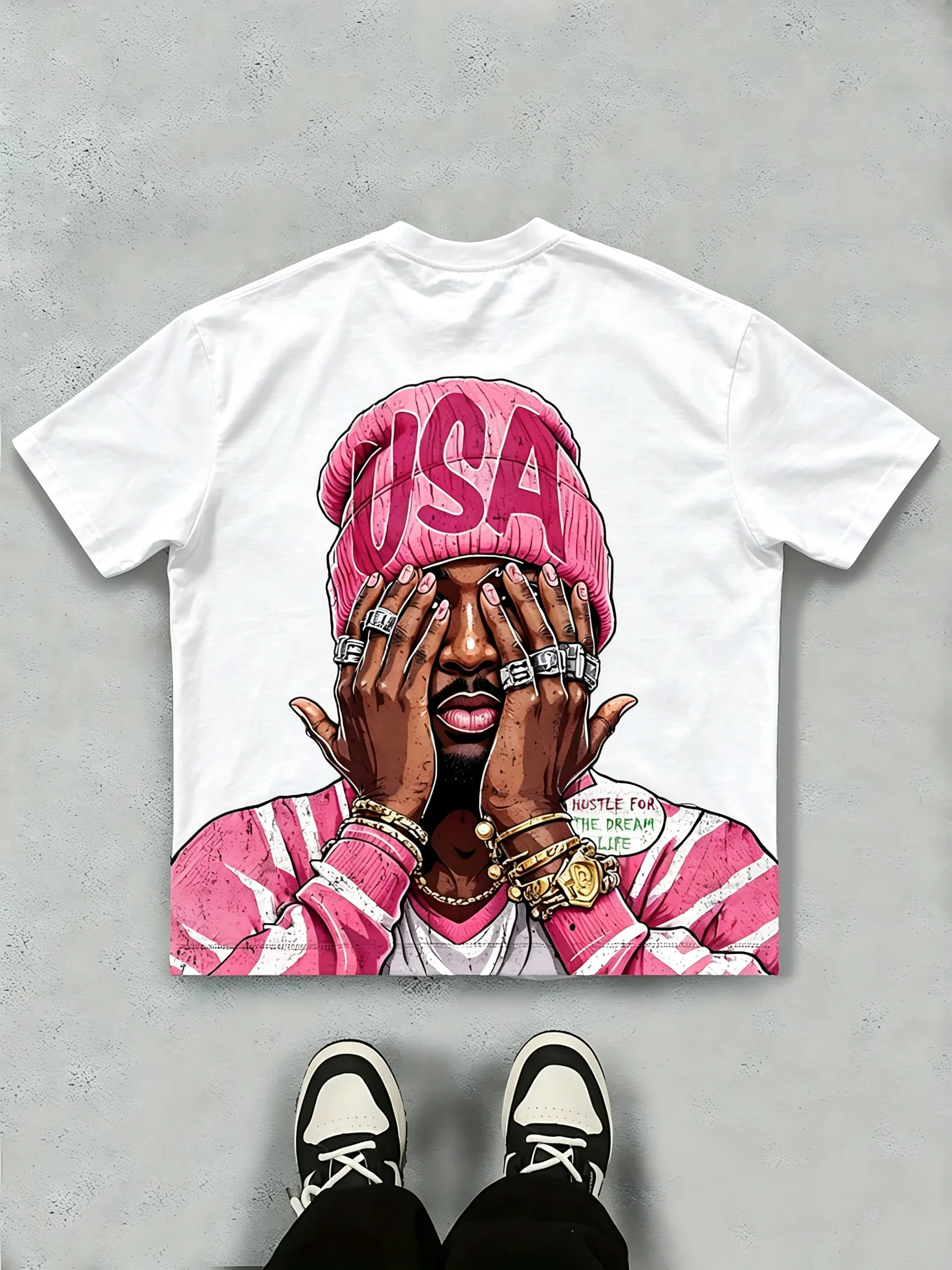 Parent‑Child Matching Oversize Tee Vintage Hip‑Hop Portrait Art Pink Knit‑Hat Jewel‑Accessory Back‑Graphic Family Sleeve T‑Shirt