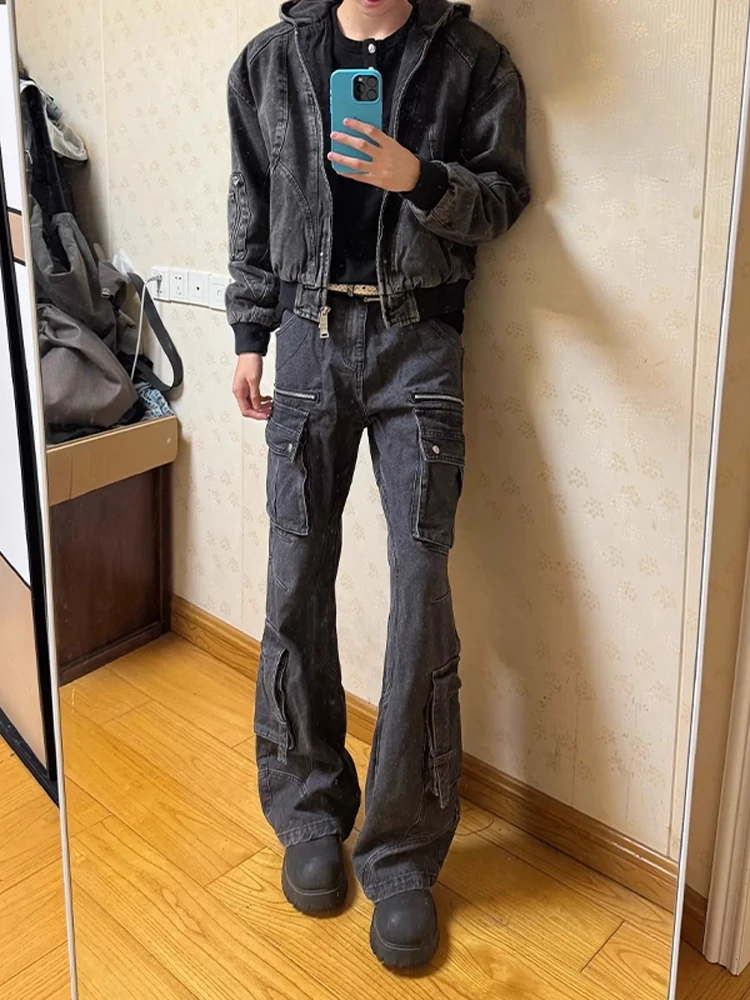 

Мужские джинсы Wooutter в американском стиле High Street, винтажные расклешенные джинсовые брюки с несколькими кетами, повседневные прямые джинсы прямого кроя