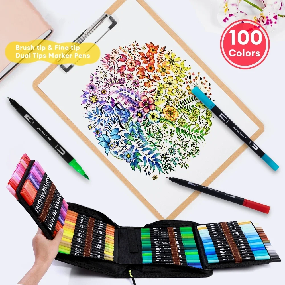 72/100Colors Markers Set Double Ended Manga Art Brush Pen Set Adult Children Coloring Lettering Painting Art Supplies Stationery