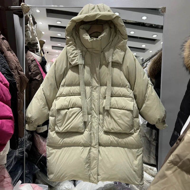 Female Hooded Long Down Jackets Korean Style Solid Color Pockets Drawstring Fluffly Thick Thermal Office Lady Overcoats