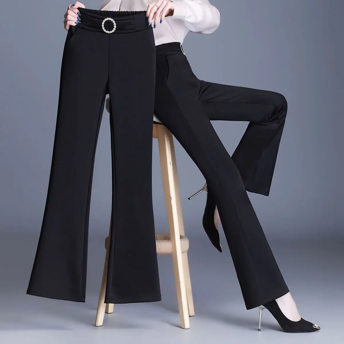 

2024 New High Waist Temperament Flare Ladies All-match Elasticity Bright Line Decoration Elastic Waist Slim Trousers Femme Pants