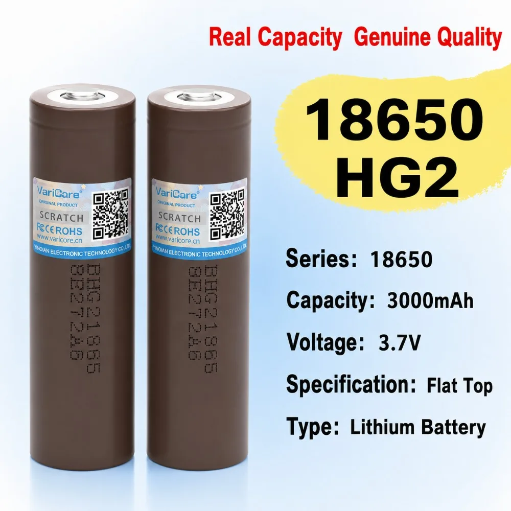 18650 HG2 Lithium Battery 3.7V 3000mAh Power Cell With Nickel Sheet 15A Continuous Discharge For Flashlight E-Bike