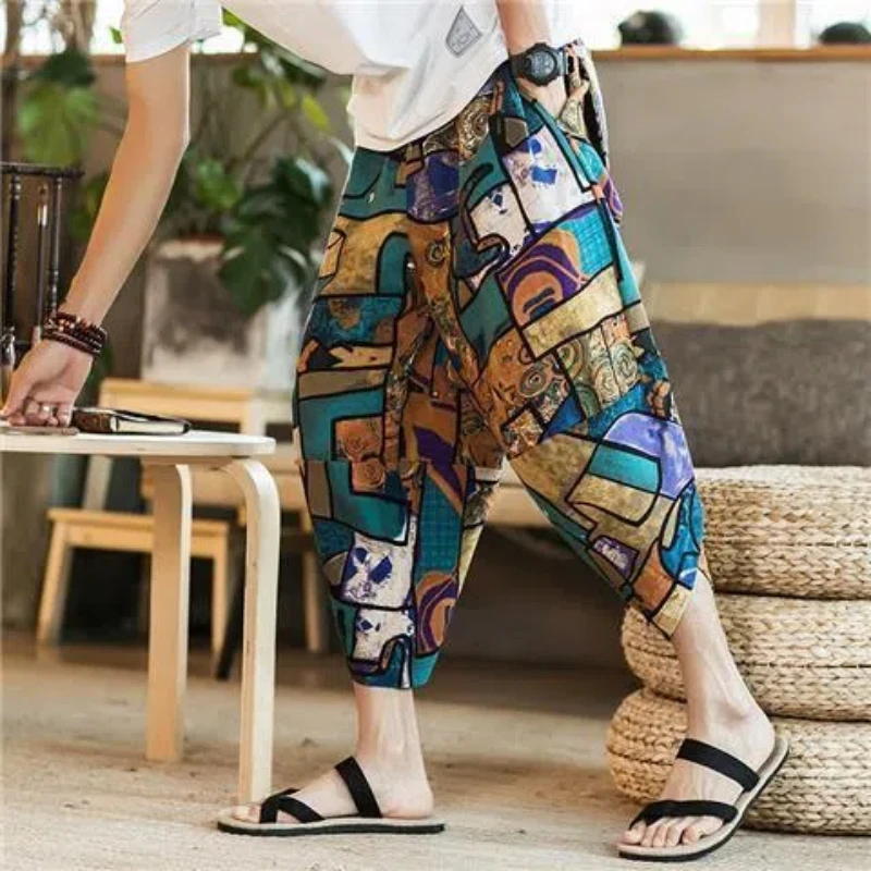 High Street Fashion Casual Summer Men\'s Elastic Waist Fiberflax Printing Pocket Trend Versatile Loose Calf Length Beach Shorts