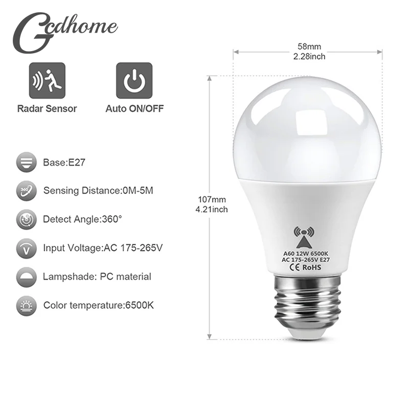 Microwave Radar Detection LED Light Bulb 220V E27 12W Radar Motion Induction Lamp Built-in Radar/Light Sensors For Home Stairs