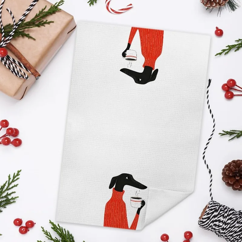 pc Greyhound in Red Sweater Drinking Coffee Printed Kitchen Towel, Soft Absorbent Hand Towel, Perfect for Kitchen,Bathroom,Hotel