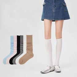 New Spring/Summer Women's Mid Length Socks With Curled Mouth Solid Cotton Thin Vertical Stripe Lower Leg Socks Long Stockings