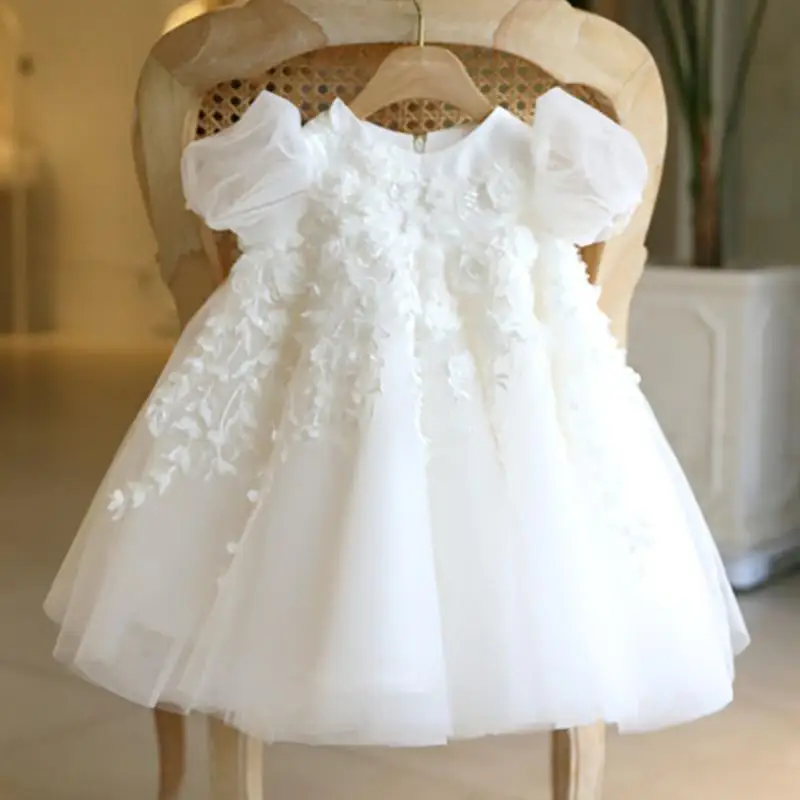 

New Girls' Butterfly Bow Solid Color Decal Bubble Sleeve Mesh Princess Dress Wedding Flower Girl Birthday Party Evening Dress