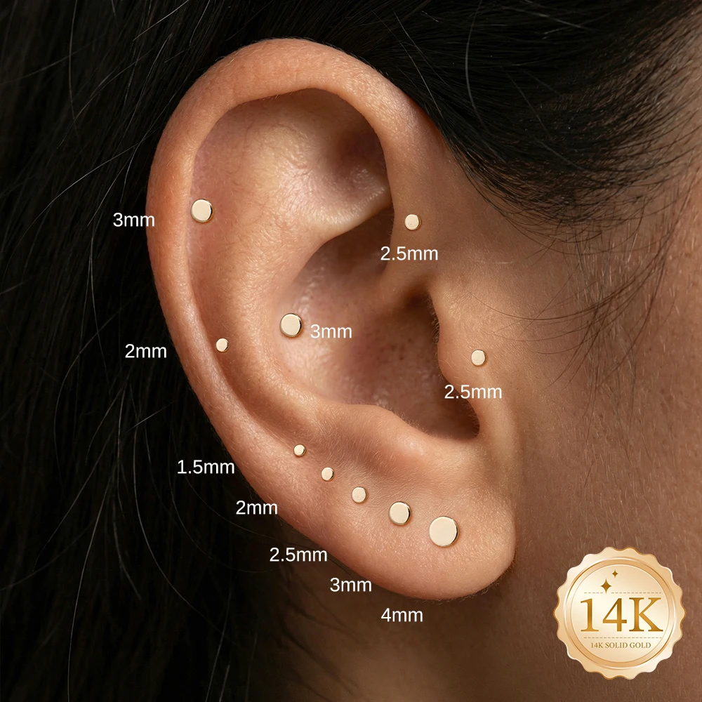 

AIDE 1PCS 14K Gold Stud Earrings for Women 18G Round Flat Back Earrings Gold for Personalized Piercing Cartilage Hoop Earrings