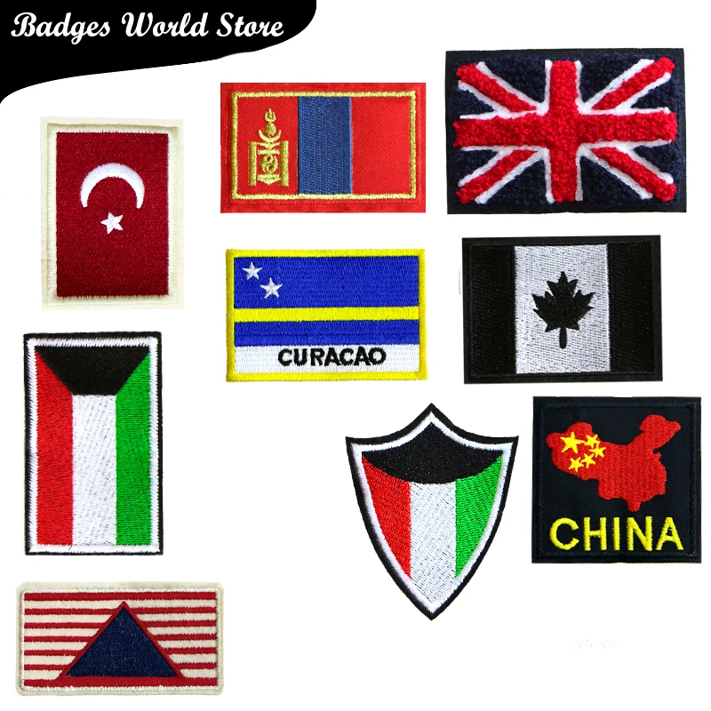 Rectangle British Turkish Kuwait Canada Flag Icon Embroidery Applique Patches For Clothing DIY Iron on Badges on the Backpack