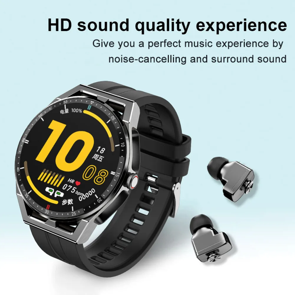 300mAh Fitness Smartwatch Heart Rate Health Monitor IP66 Waterproof 2-in-1 Smart Watch with TWS Wireless Headphones