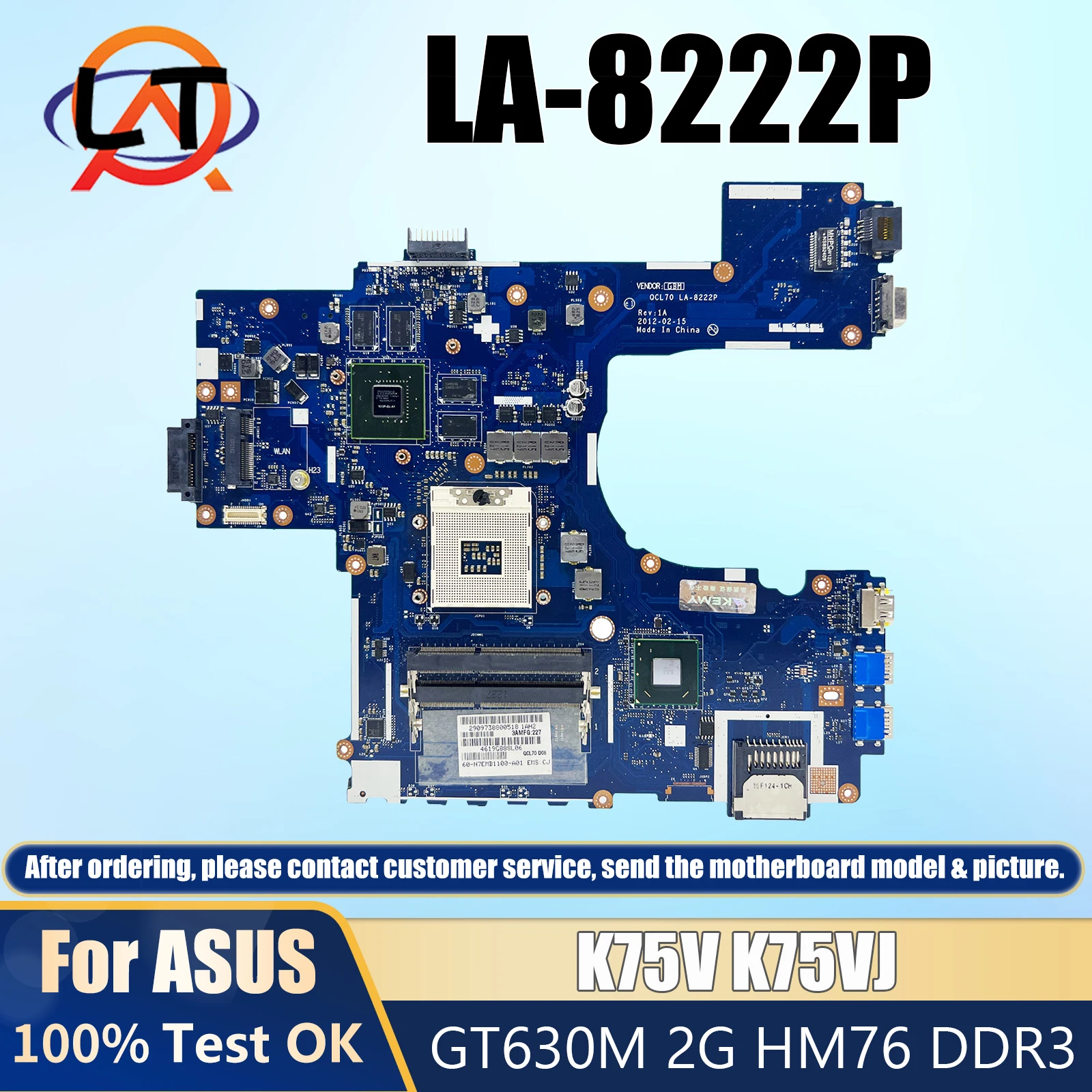 

QCL70 LA-8222P For ASUS K75V K75VJ K75VM Laptop Motherboard With GT630M 2G GPU HM76 DDR3 Mainboard