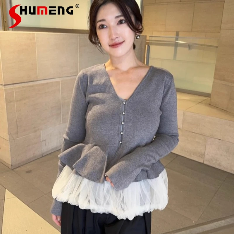 Japanese Style Sweet V-neck knitwear jacket Women's Lantern Hem Short Ruffled Long Sleeves Knitted Cardigan + Vest Two-piece Set