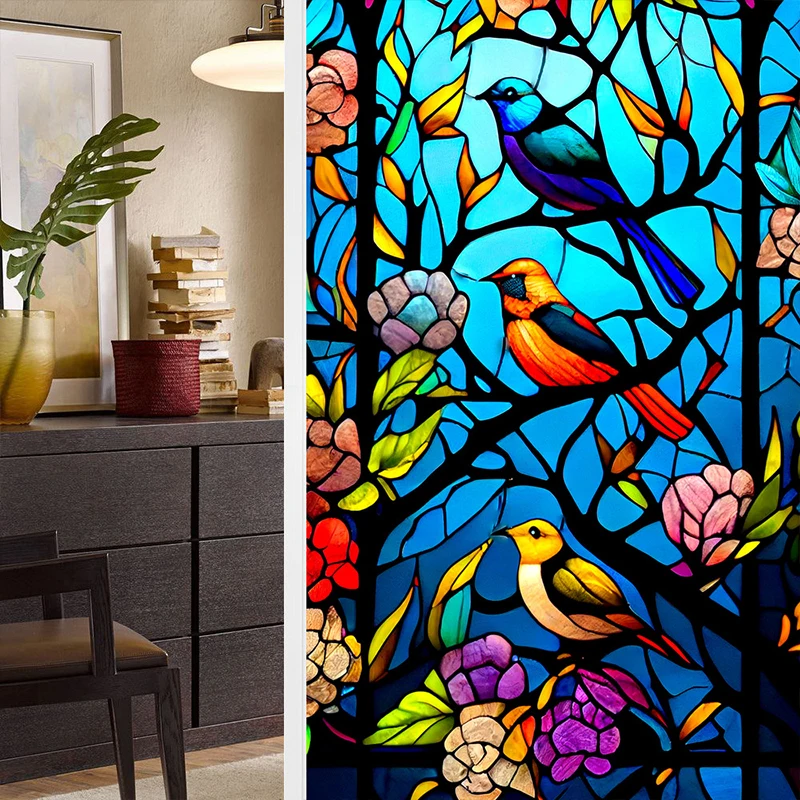 Kleurrijke Retro Bloem Vogel Glasfolie PVC Elektrostatische Glasstickers Gebrandschilderde Glasfolie Statische Cling Frosted Glass Film