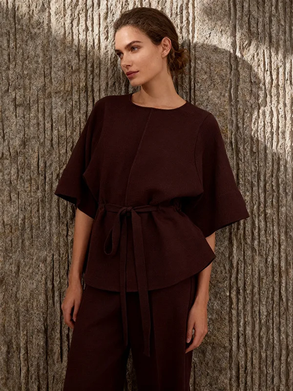 

Drawstring Waist Sweater Women Spring Minimalist Half Sleeve Pullovers Korean Fashion Loose Casual Tunic Solid Jumper Tops 2026