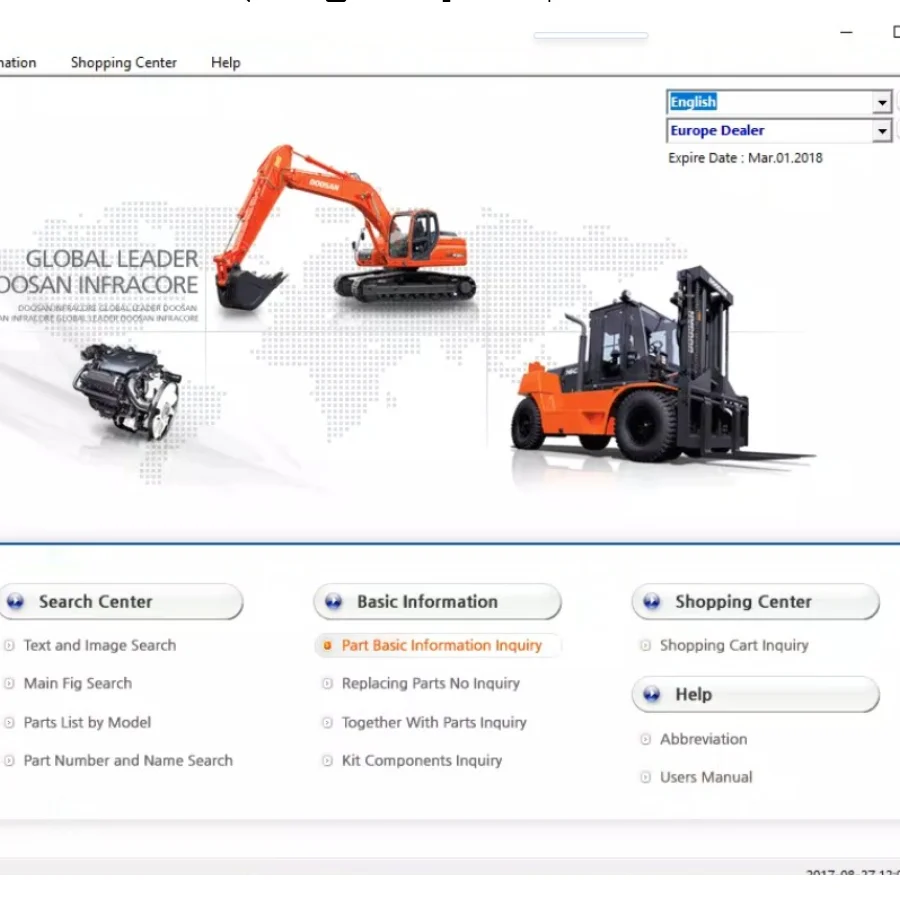 

Каталог электронных деталей графического процессора Doosan Infracore 2017, для строительного оборудования EPC Doosan