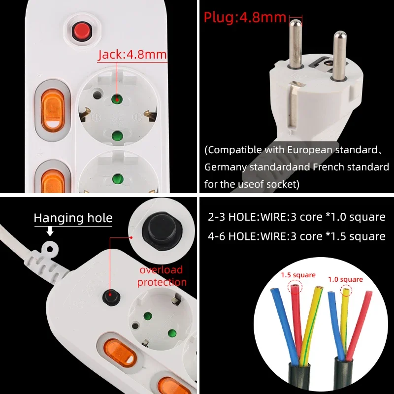 Extension Cord 1.5/2.5M Power Strip10/16A 250V Overload Protection Individually Switched EU plug 2/3/4/5/6 Extension Socket USB