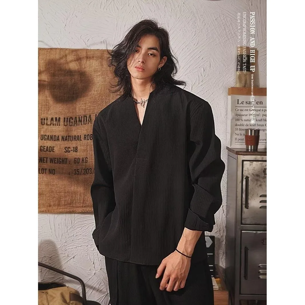 

Long Sve Men's irt Striped Loose Casual Trendy Spring High-End Feeling Outerwear Polyester Fiber Anti-Static Regular Fit