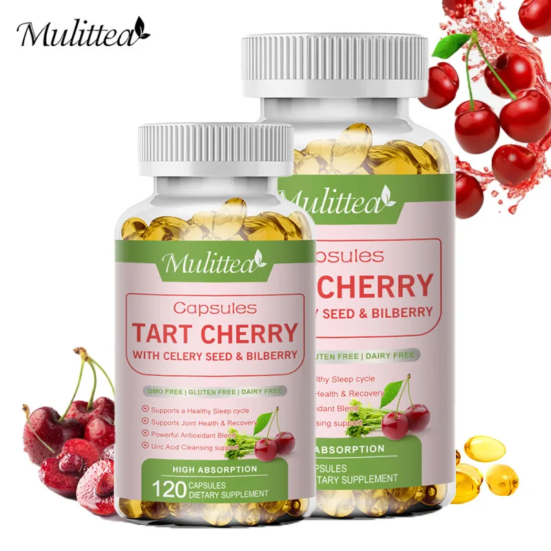 Mulittea Natural Organic Tart Cherry Extract Capsule with Bilberry Fruit and Celery Seed Premium Uric Acid Cleanse Beauty Health