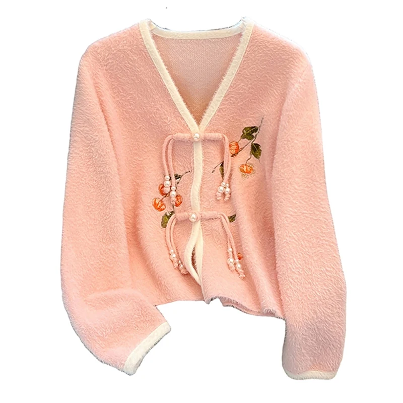 สไตล์จีนใหม่ V คอเสื้อกันหนาวผู้หญิงฤดูใบไม้ผลิฤดูใบไม้ร่วงเลียนแบบ Mink กํามะหยี่ปักหัวเข็มขัดอบอุ่นถักเสื้อสเวตเตอร์ถัก Top