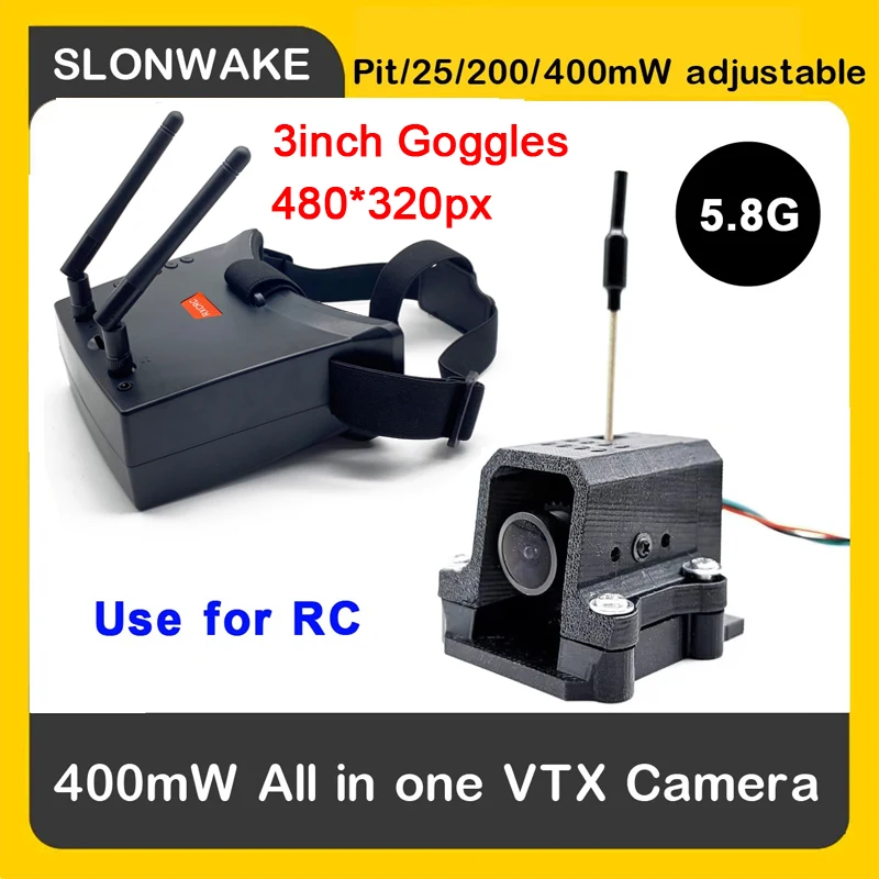 SLONWAKE 5.8G 48CH Dual Antennas FPV Goggles 480*320px with 400mW VTX Transmitter camera Night Vision 1200TVL use for RC Car
