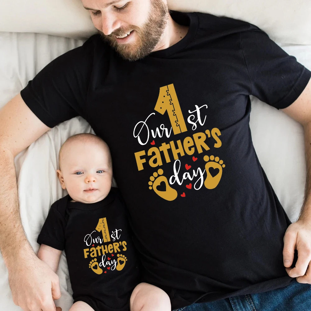 Camisetas divertidas con estampado de nuestro primer Día del Padre, conjuntos familiares a juego, camisetas para papá, hija, hijo, camisetas para el Día del Padre, regalos
