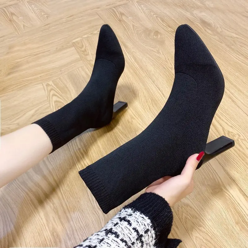 

Faionable Elastic Knitted Pointed Toe Booties High Heel Women's Boots ort Boots Spring Autumn New Sle Thi Heel