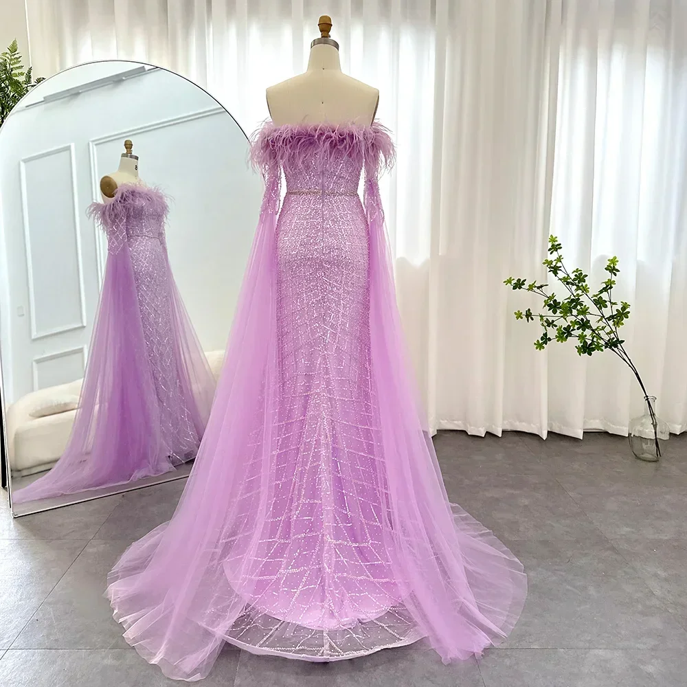 Chic Feather Sequined Evening Dresses with Cape Sleeves Fashion Strapless Tassel Mermaid Gowns Sweep Train Prom Party Dresses