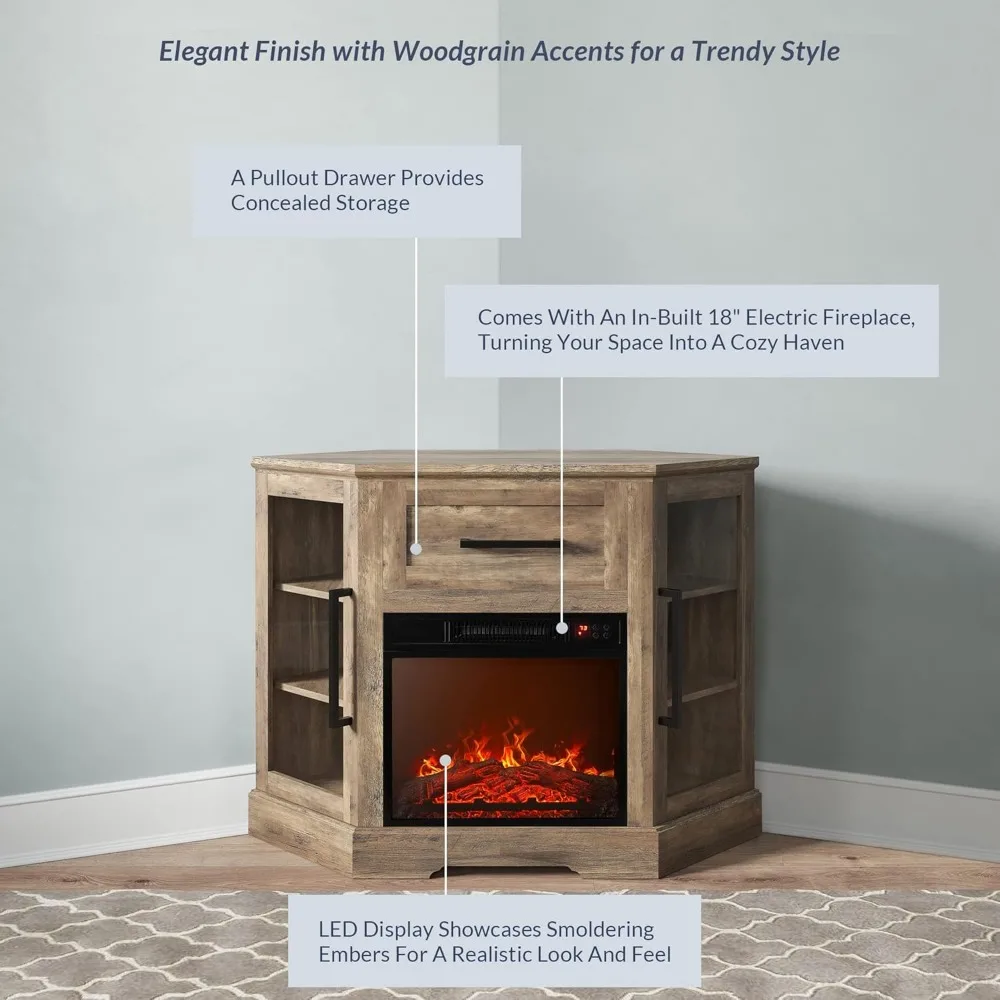 حامل تلفزيون زاوية حديث مع مدفأة كهربائية، سعة 43 بوصة، مركز ترفيه زجاجي وخشبي