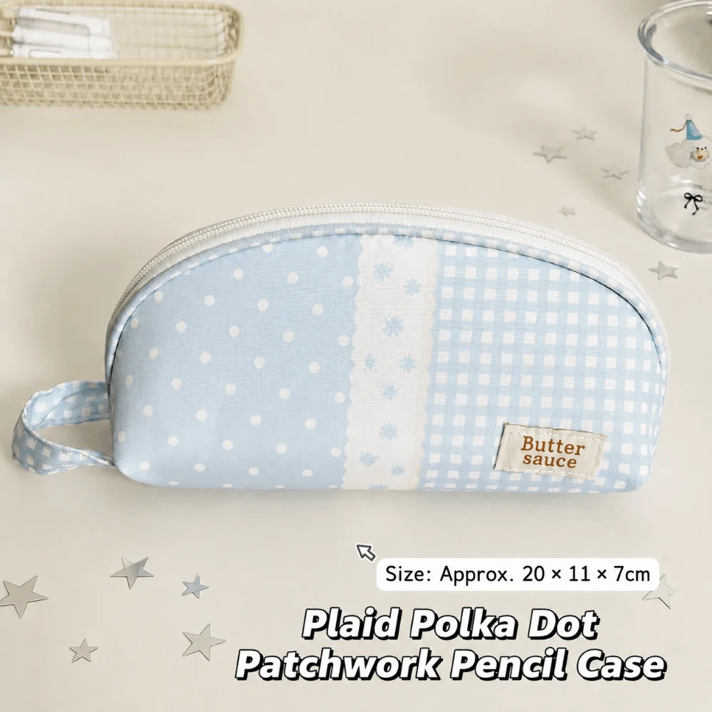 Kawaii Plaid Polka Dot Print Pencil Case Shell Shape with Handle Pen Bag Large Capacity Stationery Bag School Supplies