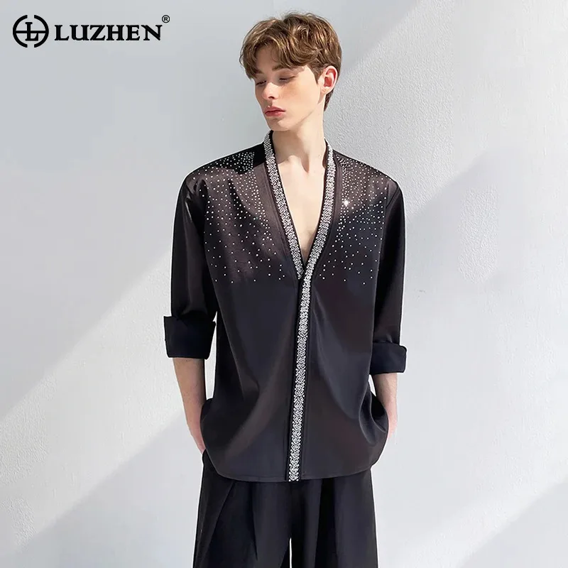 

LUZHEN Sequin Decorate Patchwork Design Loose Elegant Long Sleeve Shirts Men's 2025 New High Quality Satin Handsome Tops JY3248