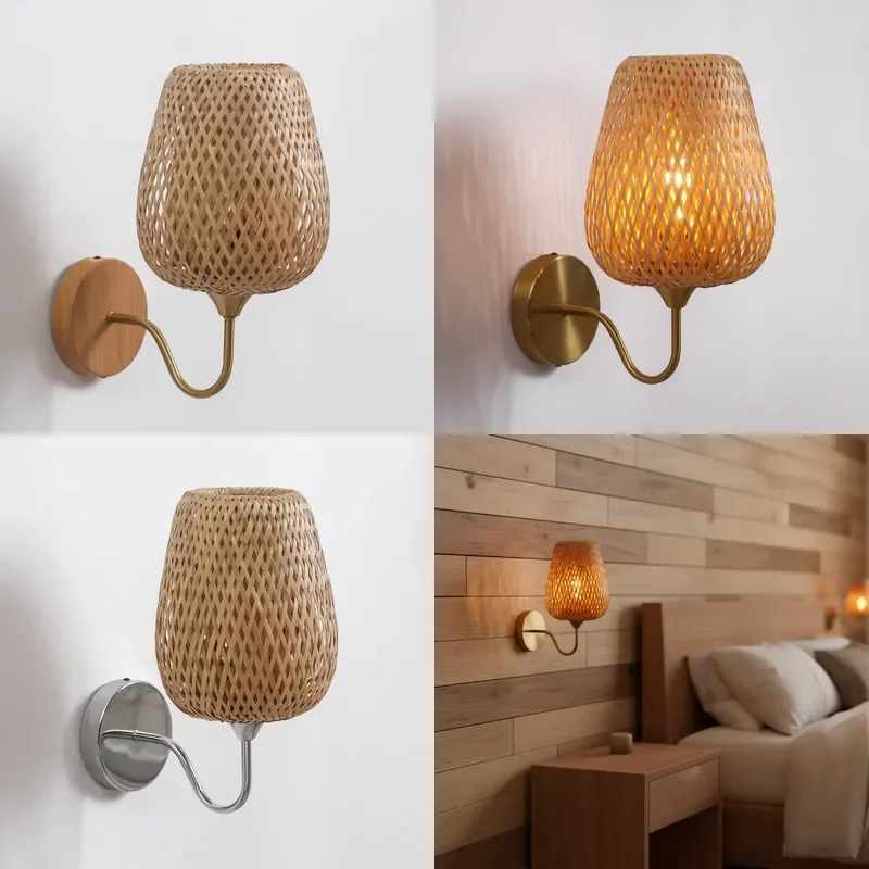 Industrial Hand Woven Bamboo Wall Lamp for Bedroom Living Room Wall Decoration