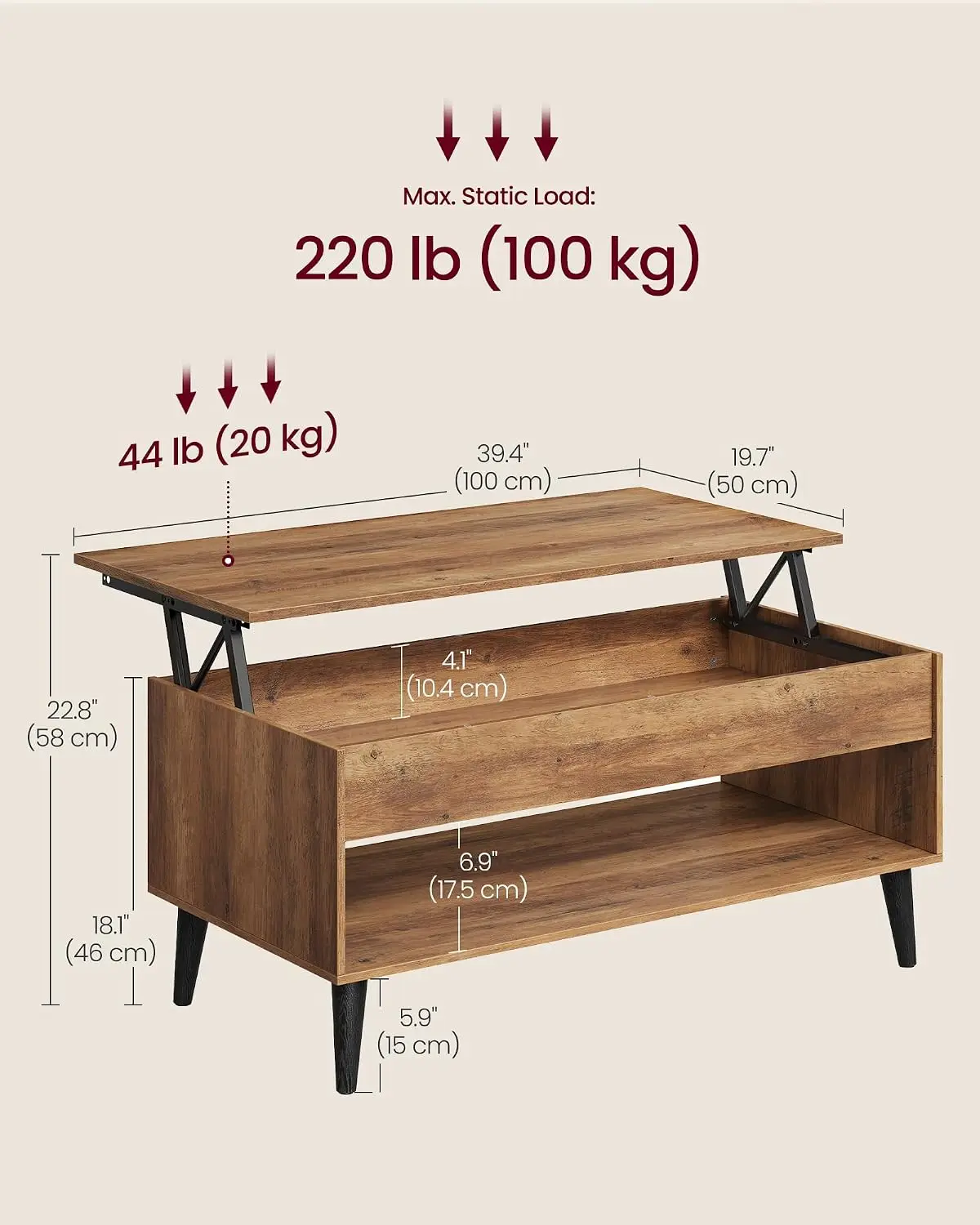 Lift Top Coffee Table, Lift Tabletop Dining Table, Gas Spring, Hidden Compartment, Open Storage Shelf, for Living Room, Home Office, Honey Brown ULCT268KB01S
