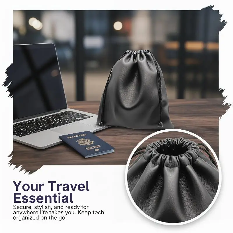 1Pcs Durable Black Dust-proof Drawstring Bag Draw String Bag Headphone Bags PU Leather Headset Bag Durable Multi Purpose Storage view 5