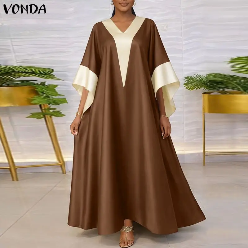 

VONDA Fashion Women Plus Size Dresses L-5XL Patchwork Loose V Neck Vestidos 3/4 Sleeve Summer Autumn Long Dresses OL Work Party