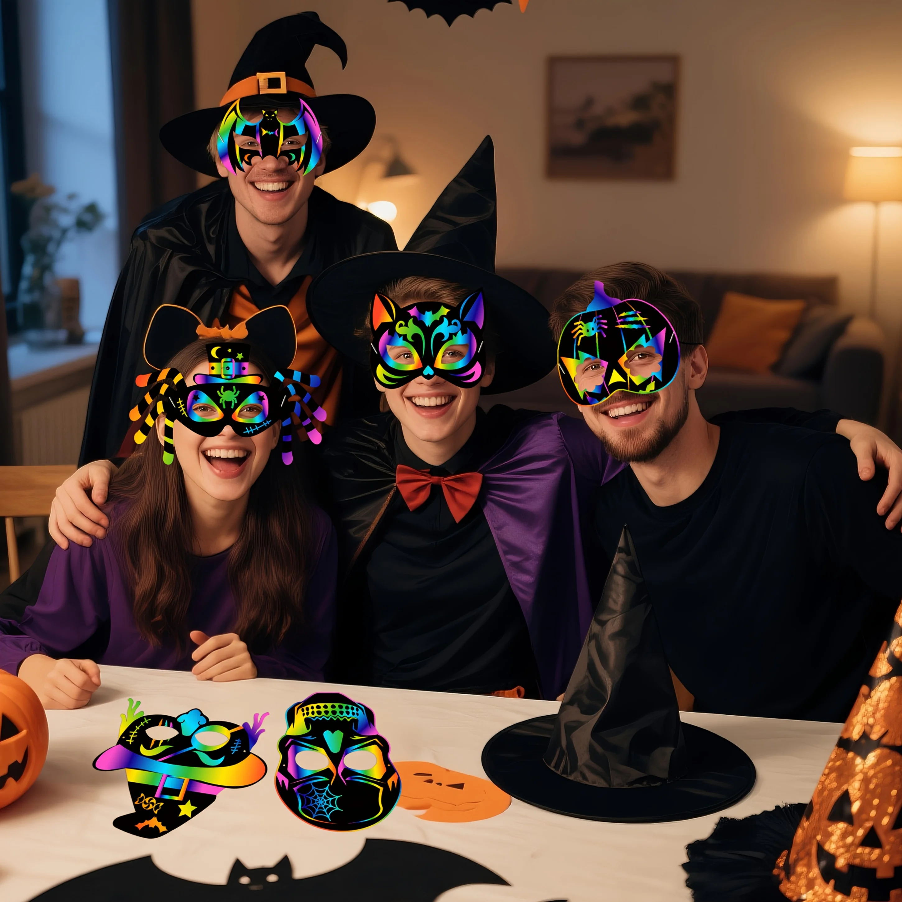 12/24 Stück Vintage Halloween Bastelset Regenbogen-Kratzmasken, Halloween-Spiele Kratzkunst-Set Klassenzimmer-Aktivitäten Rollenspiel-Requisiten