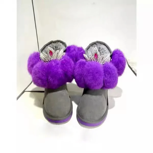 New Big Rabbit Fur Ball with Rhinestone Crown Flats Snow Boots Round Toe Purple Fuchsia Cow Suede Pompon Winter Warm Boots