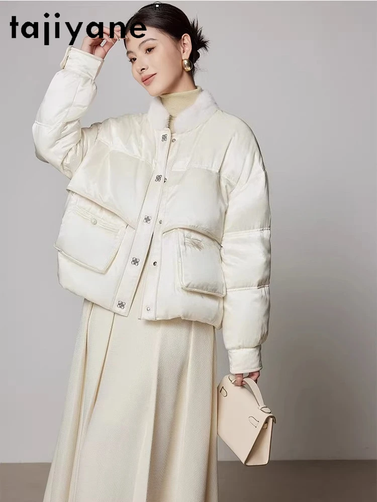 TAJIYANE 90% Goose Down Jacket Woman Elegant Mink Fur Collar Coat Short Silk Puffer Jackets 2025 Winter Women Clothes пуховик