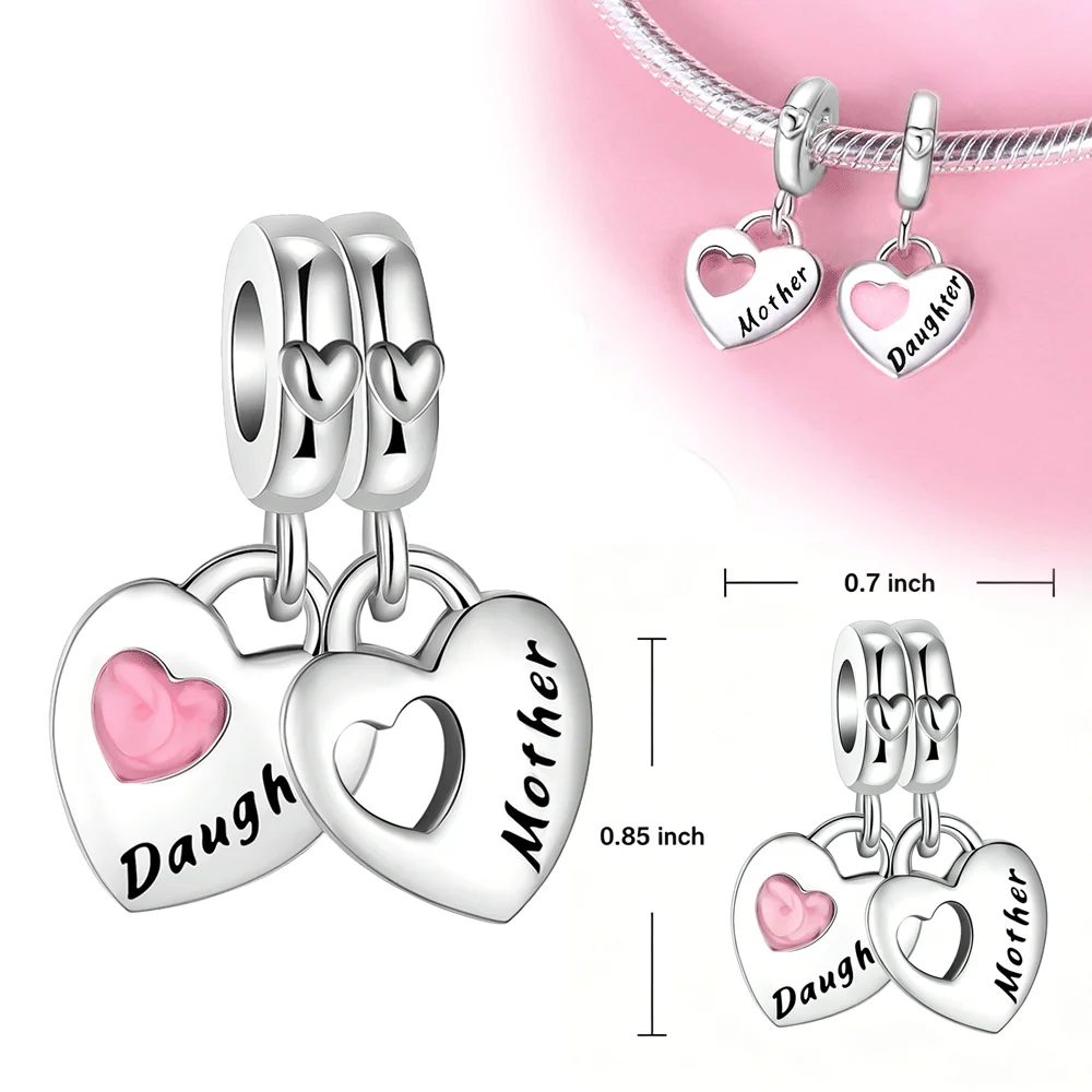 

Original 925 Sterling Silver Charm Mother-Daughter Double Heart Pendant for Women Fit Original Bracelet Necklace DIY Accessories